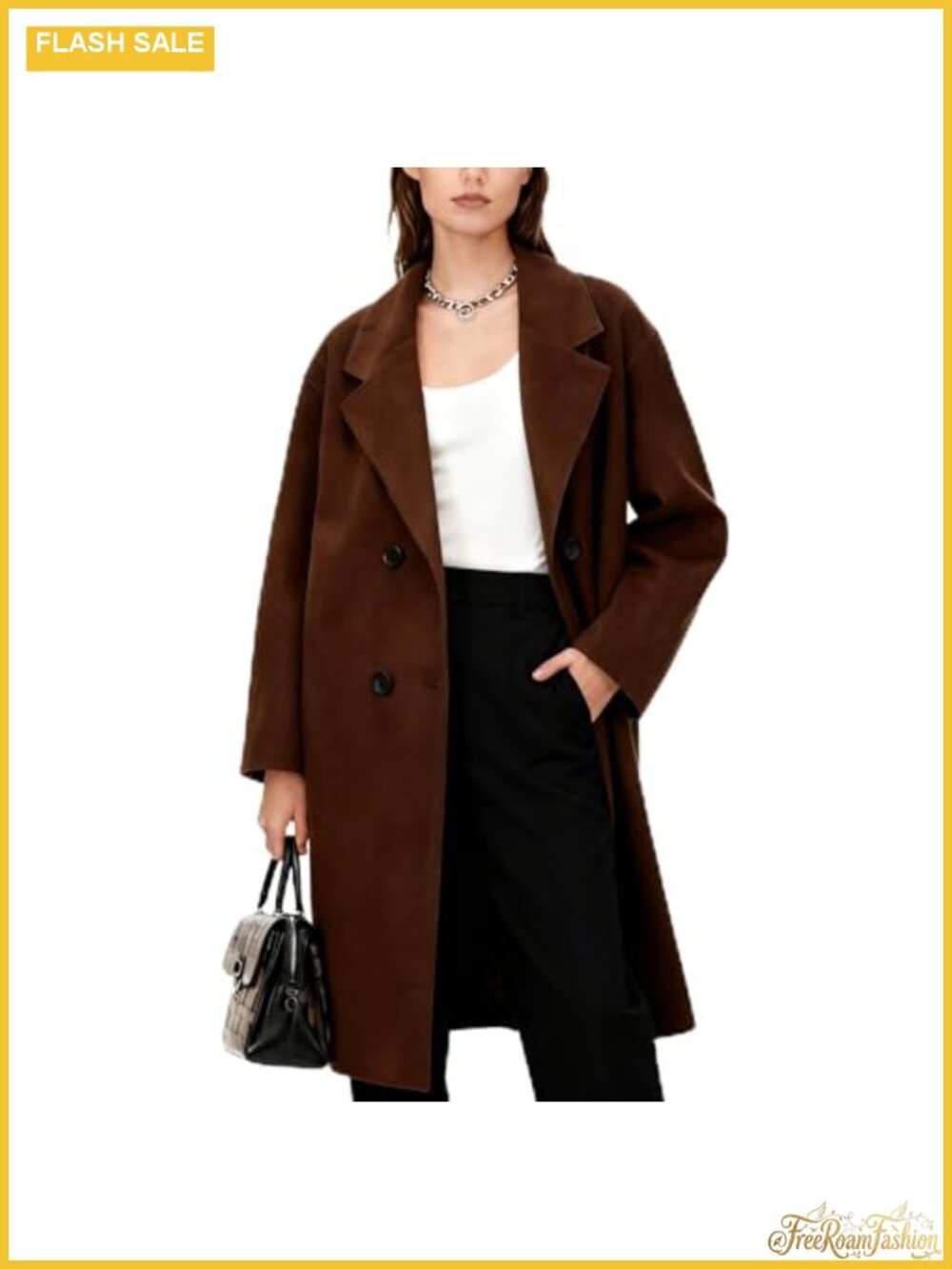Women's Long Wool Pea Coat Double Breasted Notched Lapel Winter Coat